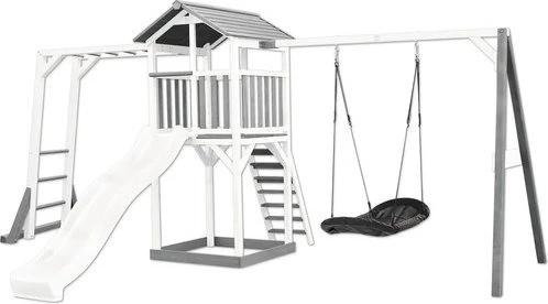 Axi Spielturm Beach Tower mit Klettergerüst, Rutsche und Roxy Nestschaukel weiß/grau