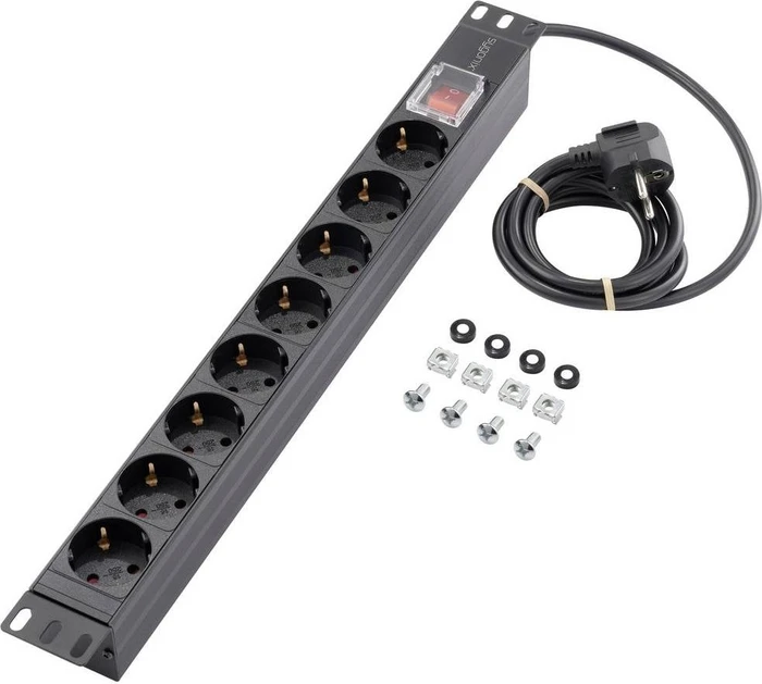 Sygonix 19" Aluminium Steckdosenleiste, 1HE, 8-fach, 250V, schwarz, 1.8m