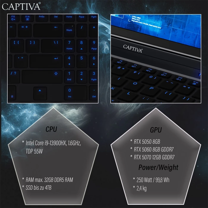 Captiva Highend Gaming I99-480GE, Core i9-14900HX, 32GB RAM, 1TB SSD, GeForce RTX 5070 Ti, DE