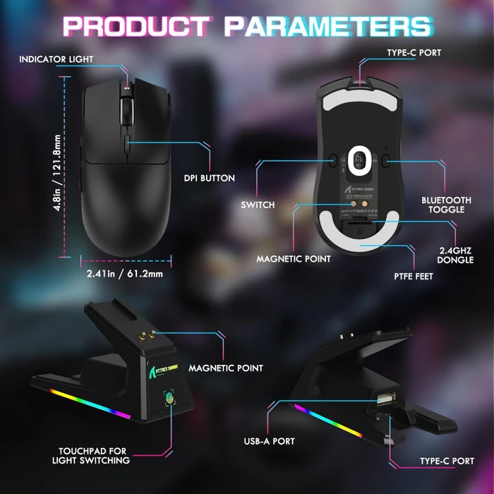 Attack Shark X1 Tri-mode Wireless Gaming Mouse mit Ladestation, schwarz, USB/Bluetooth
