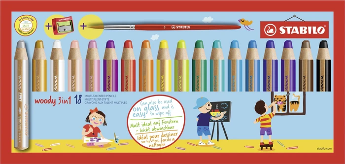 STABILO Woody 3in1 Wachsmalstift sortiert, Anspitzer, 18er-Set