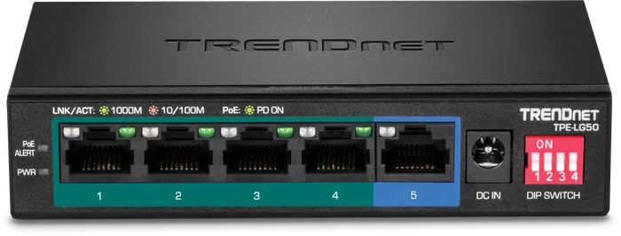 TRENDnet TPE-LG50 Long Range Desktop Gigabit Switch, 5x RJ-45, 32W PoE+