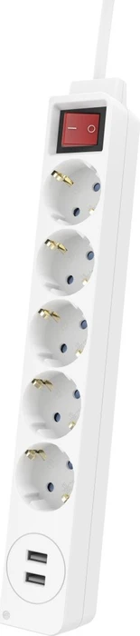 Hama Steckdosenleiste mit Schalter, 5-fach, 2x USB, 1.4m, weiß