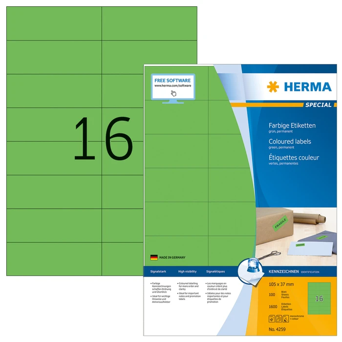 Herma Etiketten, 105x37mm, ablösbar, grün, 100 Blatt (1600 Etiketten)