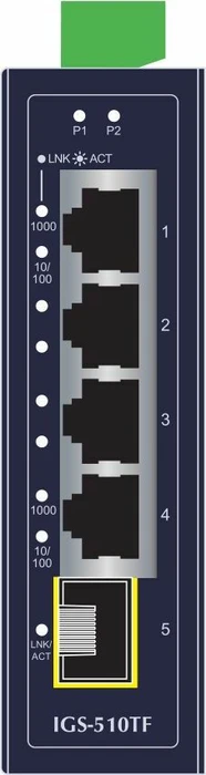 Planet IGS-510TF Industrial Railmount Gigabit Switch, 4x RJ-45, 1x SFP
