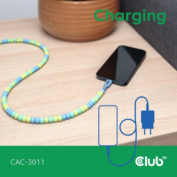 Club 3D USB-C Perlenkabel, 480Mb/s, 60W PD, USB-C 2.0 Stecker auf USB-C 2.0 Stecker, 2m, blau