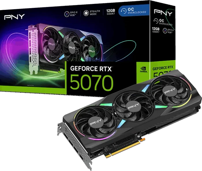 PNY GeForce RTX 5070 ARGB Epic-X RGB Overclocked Triple Fan, 12GB GDDR7, HDMI, 3x DP