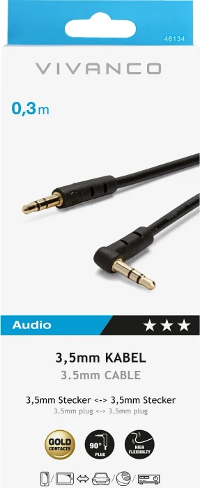 Vivanco Audio Kabel, 3.5mm Klinke [Stecker] auf 3.5mm Klinke [Stecker, gewinkelt], 3-polig, schwarz, 0.3m