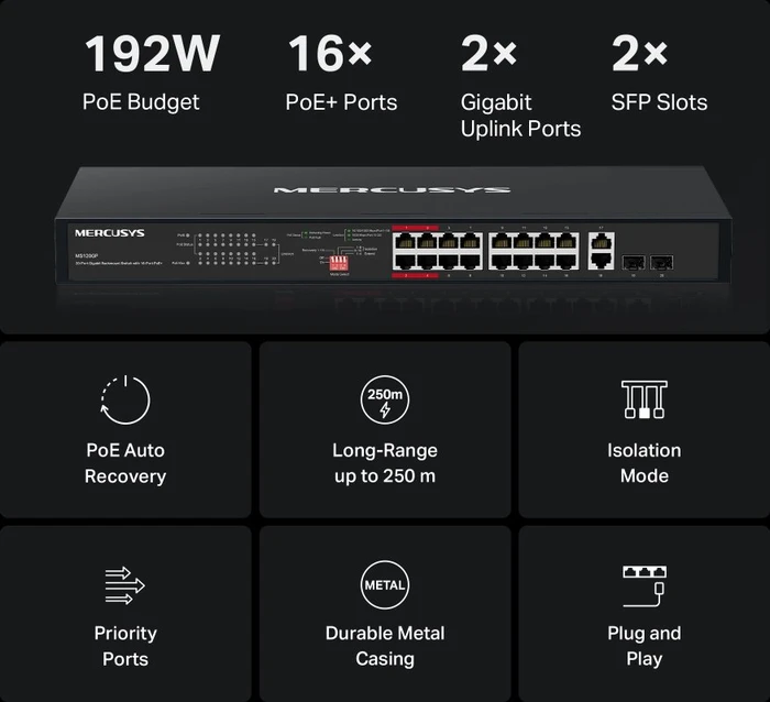 Mercusys Rackmount Gigabit Switch, 18x RJ-45, 2x SFP, 192W PoE+