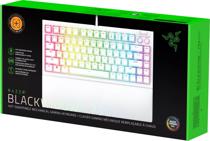 Razer BlackWidow V4 75%, White, hot-swap, Razer ORANGE Tactile Gen-3, USB, US