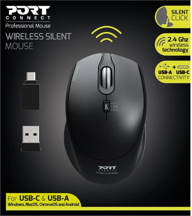 Port Designs Wireless Silent Pro Mouse schwarz, USB