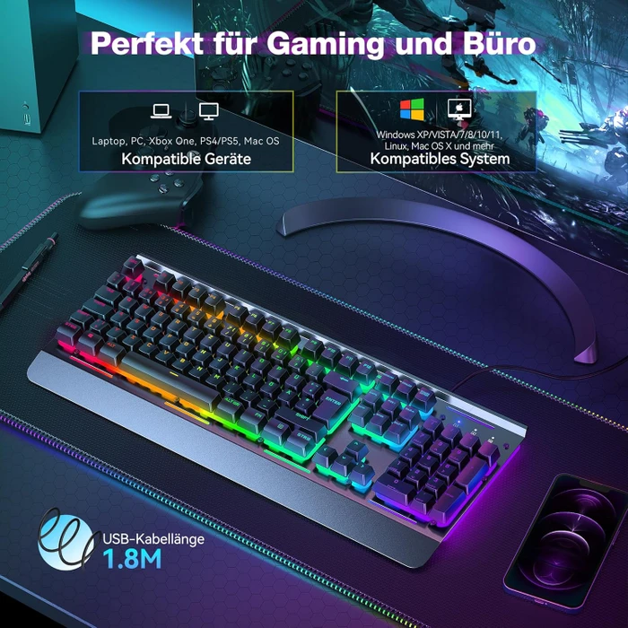 TeckNet RGB Gaming Keyboard, schwarz, LEDs RGB, USB, DE