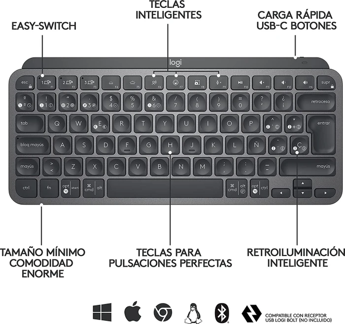 Logitech MX Keys Mini, LEDs weiß, Logi Bolt, Graphite, schwarz, USB/Bluetooth, ES