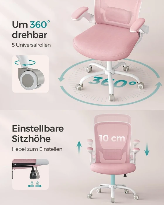 Songmics Bürostuhl ergonomisch mit Amrlehnen, pastellrosa