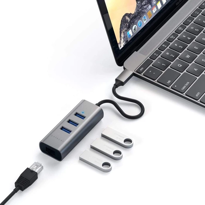 Satechi 2-in-1 USB-Hub, Space Gray, RJ-45, USB-C 3.0 [Stecker]