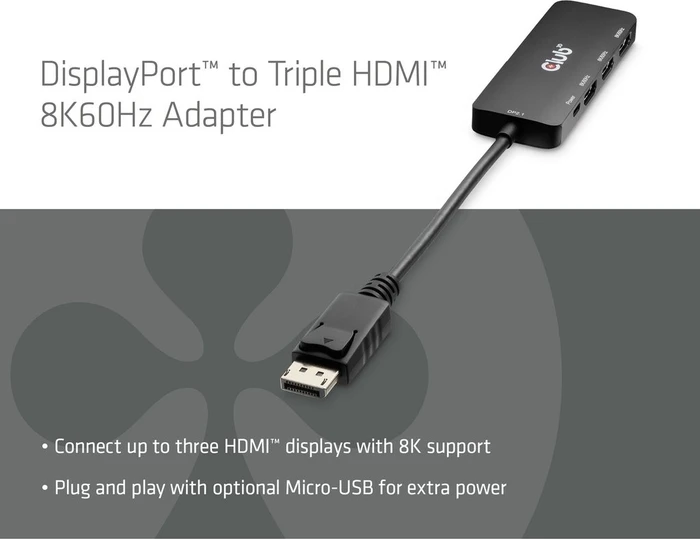 Club 3D DisplayPort to Triple HDMI Hub, DisplayPort 2.1 auf 3x HDMI Adapter