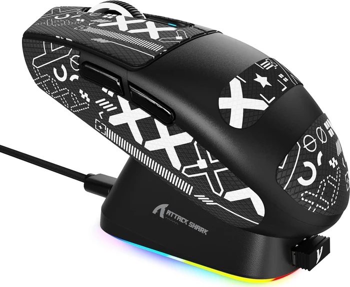 Attack Shark G3Pro Tri-mode Wireless Gaming Mouse mit Ladestation, Black, inkl. Grip Tape, USB/Bluetooth