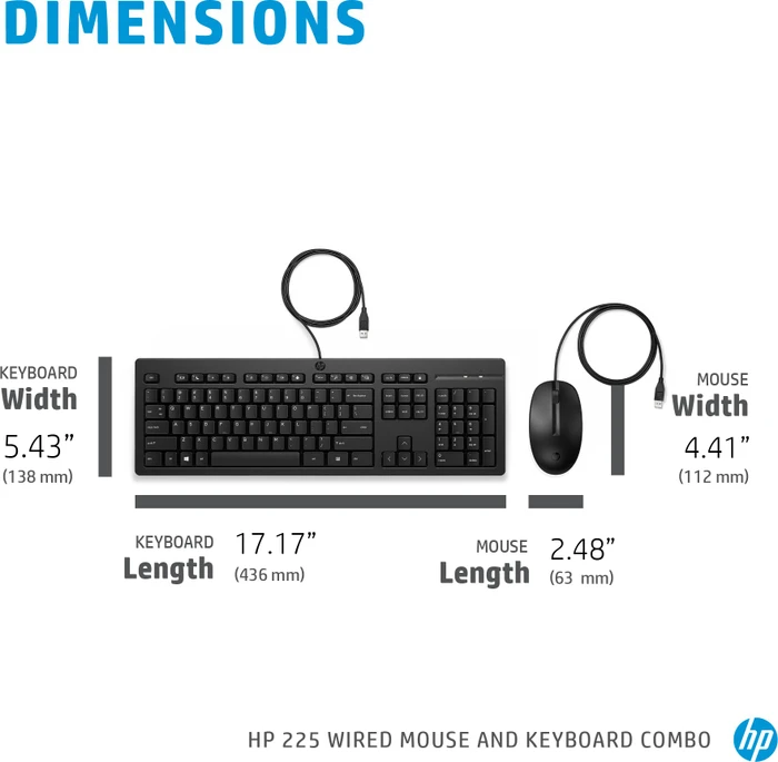 HP 225 Wired Mouse and Keyboard Combo, schwarz, USB, UK