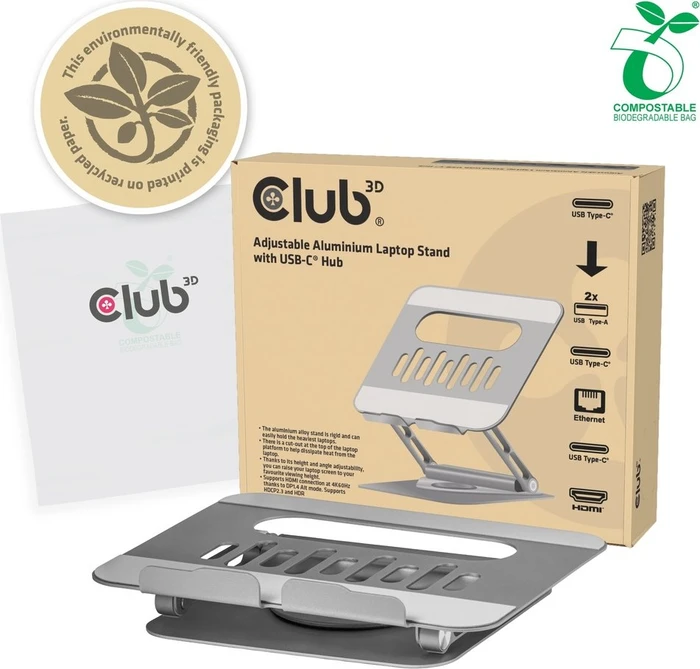 Club 3D Verstellbarer Laptop-Ständer aus Aluminium mit Hub, USB-C 3.0 [Buchse]