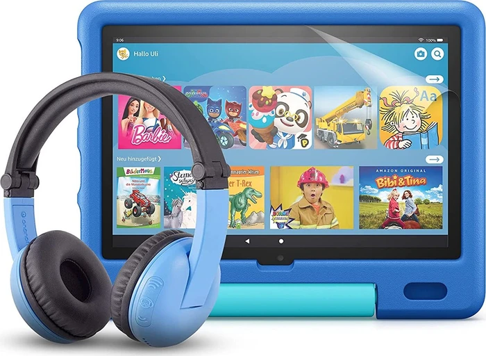 Amazon Fire HD 10 KFTRWI 2021, ohne Werbung, blau, 32GB, inkl. BuddyPhones PlayTime Headset und Displayschutzfolie, Kids Edition
