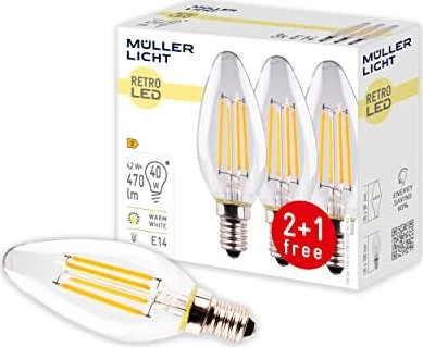 Müller Licht LED-Filament Kerze E14 4W/827 warmweiß, 3 Stück