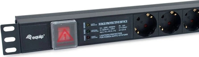 Equip 19" PDU Aluminium Steckdosenleiste, mit Schalter, Überspannungsschutz, 1HE, 6-fach, 16A/240V, schwarz, 1.8m