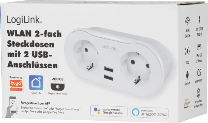 LogiLink Wi-Fi Smart Plug 2-fach, 2400W, 2x USB-A, Smart-Steckdose