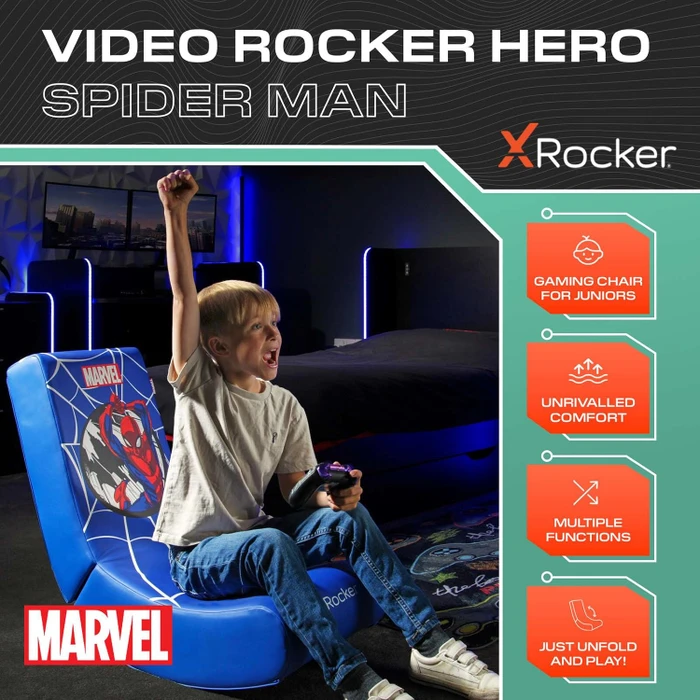 X Rocker Marvel Hero Video Rocker Gaming Bodensessel für Kinder/Jugendliche, Spider-Man blau