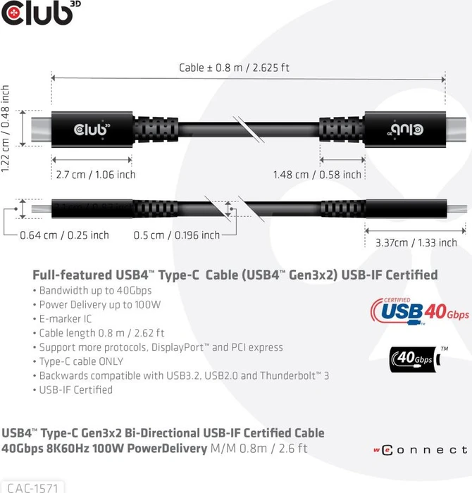 Club 3D USB-C 2.0 Kabel, 480Mb/s, 240W PD EPR, USB-C 2.0 Stecker auf USB-C 2.0 Stecker, 1m