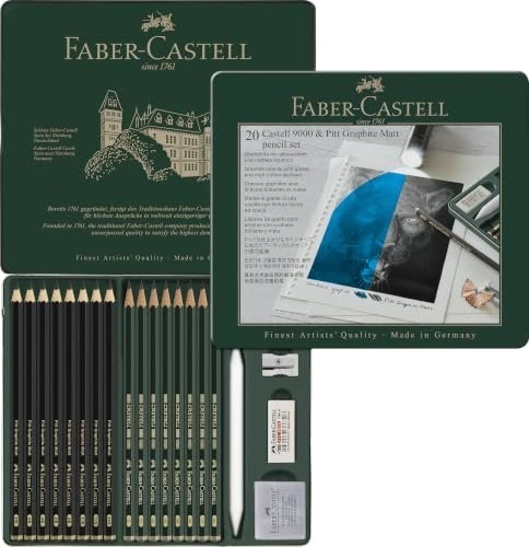 Faber-Castell Pitt Graphite Matt & Castell 9000 Bleistift sortiert, Metalletui, Radierer, Anspitzer, 1 Papierwischer, 20er-Set