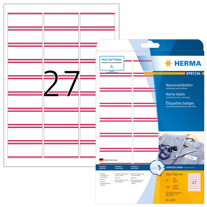 Herma Namensetiketten Acetatseide, 63.5x29.6mm, ablösbar, weiß/rot, 20 Blatt (540 Etiketten)