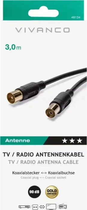 Vivanco Antennen-Kabel, Koax-Stecker - Koax-Kupplung, 90dB, 3m, schwarz