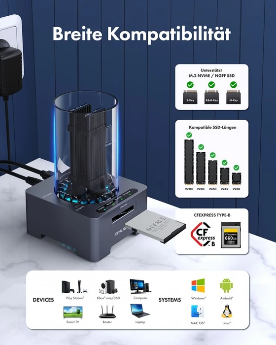 Graugear G-M2DK-CR-10G, M.2 NVMe Dockingstation mit CFexpress Kartenleser, USB-C 3.1