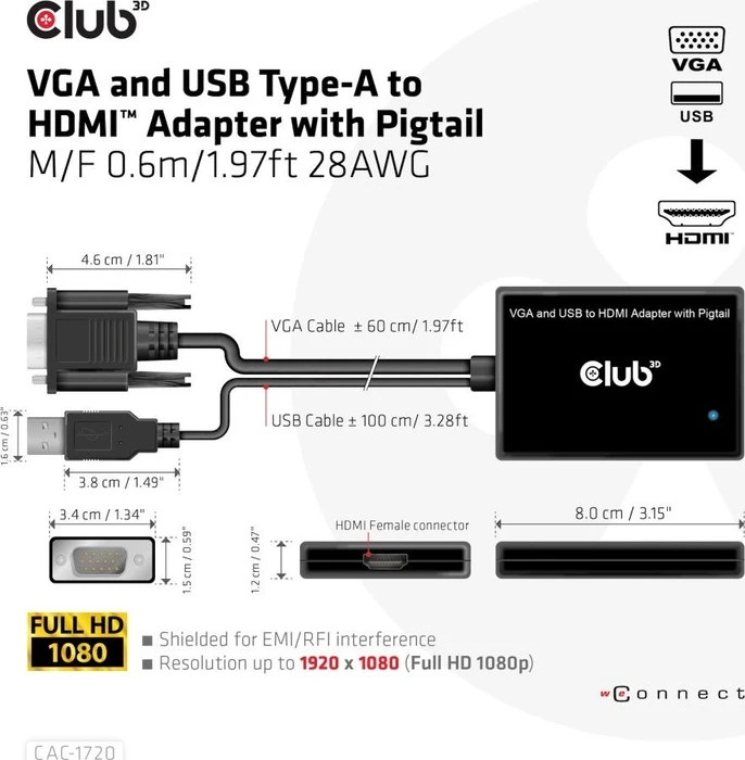 Club 3D aktiver Adapter, VGA/USB-A Stecker auf HDMI Buchse