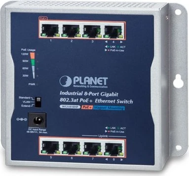 Planet WGS-800 Industrial Wallmount Gigabit Switch, 8x RJ-45, 120W PoE+
