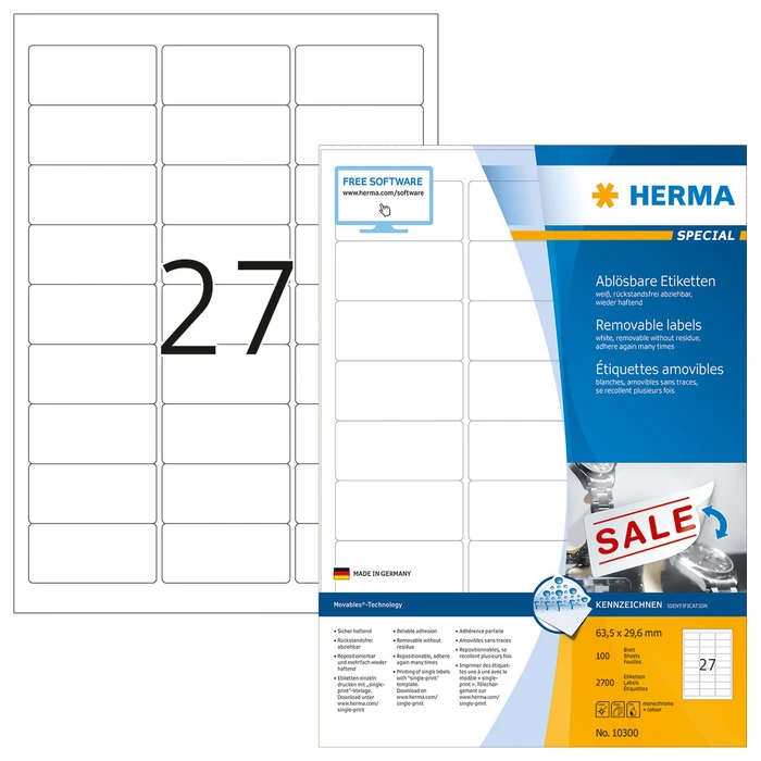 Herma Etiketten, 63.5x29.6mm, ablösbar, weiß, matt, 100 Blatt (2700 Etiketten)