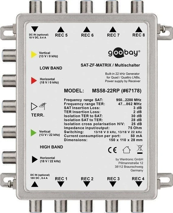 Wentronic Goobay Passiver SAT Multischalter 5 Eingänge / 8 Ausgänge