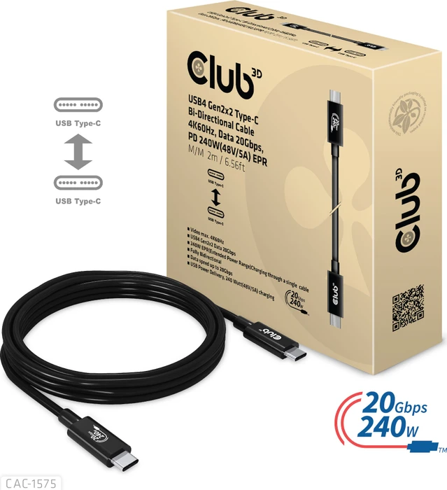 Club 3D USB-C 3.2 Kabel, 20Gb/s, 4K60Hz, 240W PD EPR, USB-C 3.2 Stecker auf USB-C 3.2 Stecker, 2m