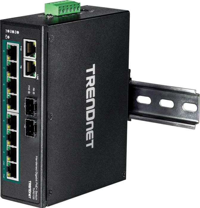 TRENDnet TI Hardened Industrial Railmount Gigabit Switch, 8x RJ-45, 2x RJ-45/SFP, 240W PoE+