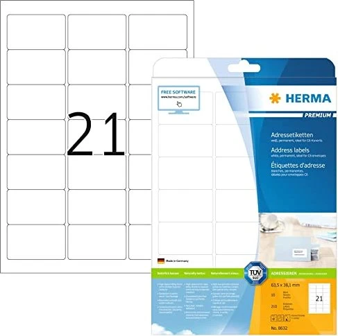 Herma Etiketten Premium, 63.5x38.1mm, weiß, matt, 10 Blatt (210 Etiketten)