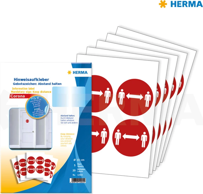 Herma Hinweisetiketten Abstand halten rund, 100mm, ablösbar, wetterfest, rot, matt, 5 Blatt (20 Etiketten)