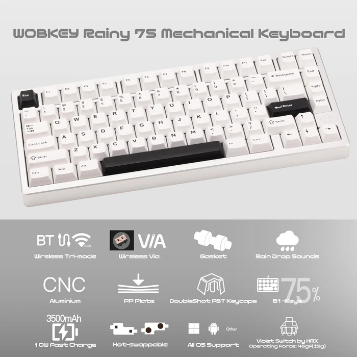 Wobkey Rainy 75 Lite, weiß/silber, HMX Violet Linear, USB/Bluetooth, US
