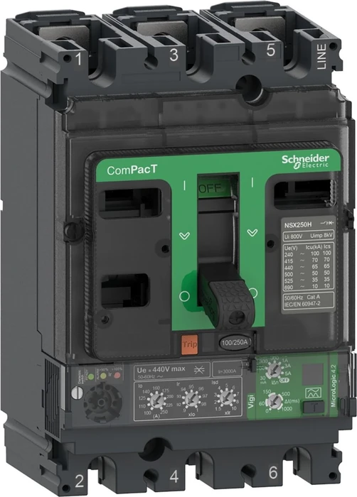 Schneider Electric Kompaktleistungsschalter ComPacT NSX250H mit Micrologic 4.2 57-160A, 3P3D 70kA/415V AC