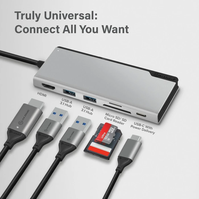 Alogic UNI Dock Multiport-Adapter, sapce grey, USB-C 3.0 [Stecker]