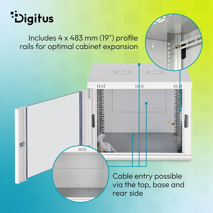 Digitus Dynamic-N Serie 19" Wandgehäuse 9HE, unmontiert, Sicherheitsglastür, IP2X, RAL 7035, 600mm tief