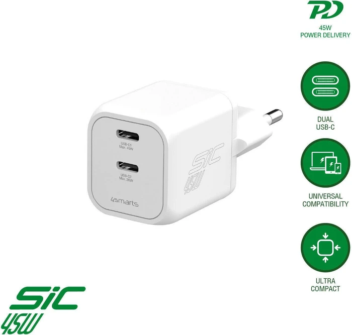 4smarts Ladegerät PDPlug SiC Dual 45W 2C weiß