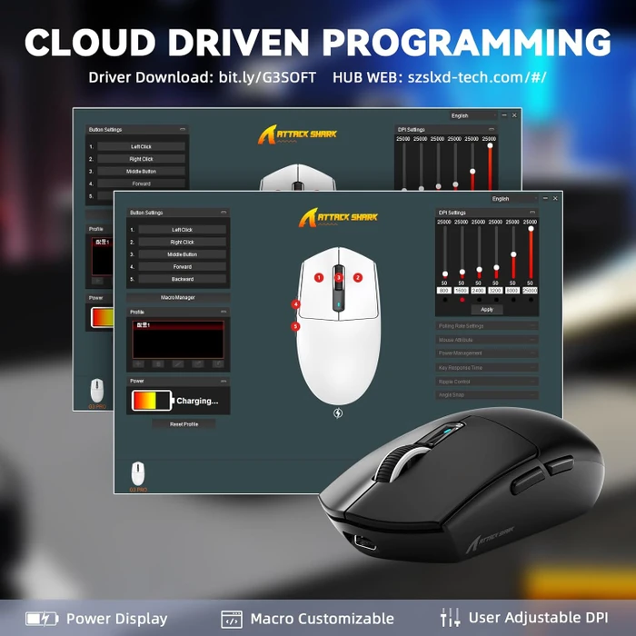Attack Shark G3Pro Tri-mode Wireless Gaming Mouse mit Ladestation, Black, USB/Bluetooth