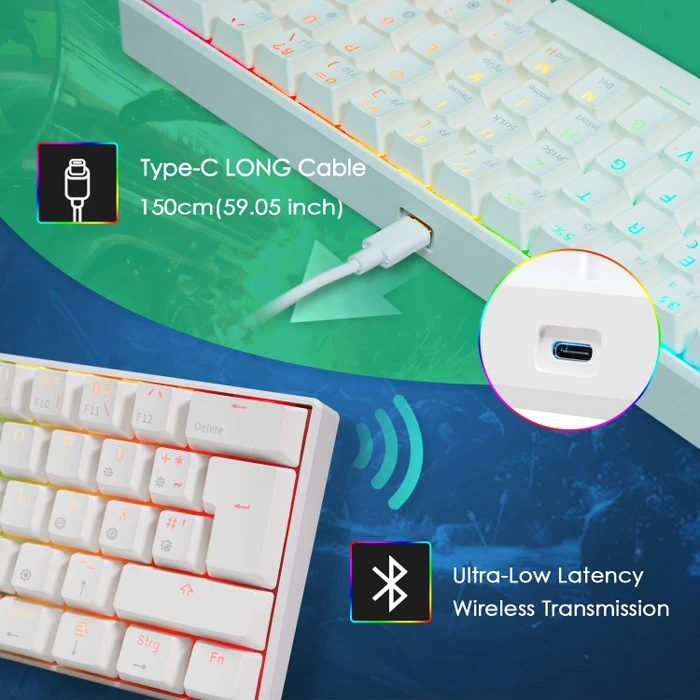 RK Royal Kludge RK61 60% Wireless, weiß, LEDs RGB, Gateron BLUE, USB/Bluetooth, DE