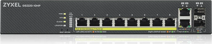 Zyxel GS2220 Desktop Gigabit Managed Switch, 8x RJ-45, 2x RJ-45/SFP, 180W PoE+