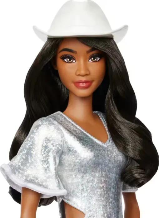 Mattel Barbie - Fashionistas Barbie in Funkelndem Silbernen Kleid Mit Cowboyhut Und Stiefeln